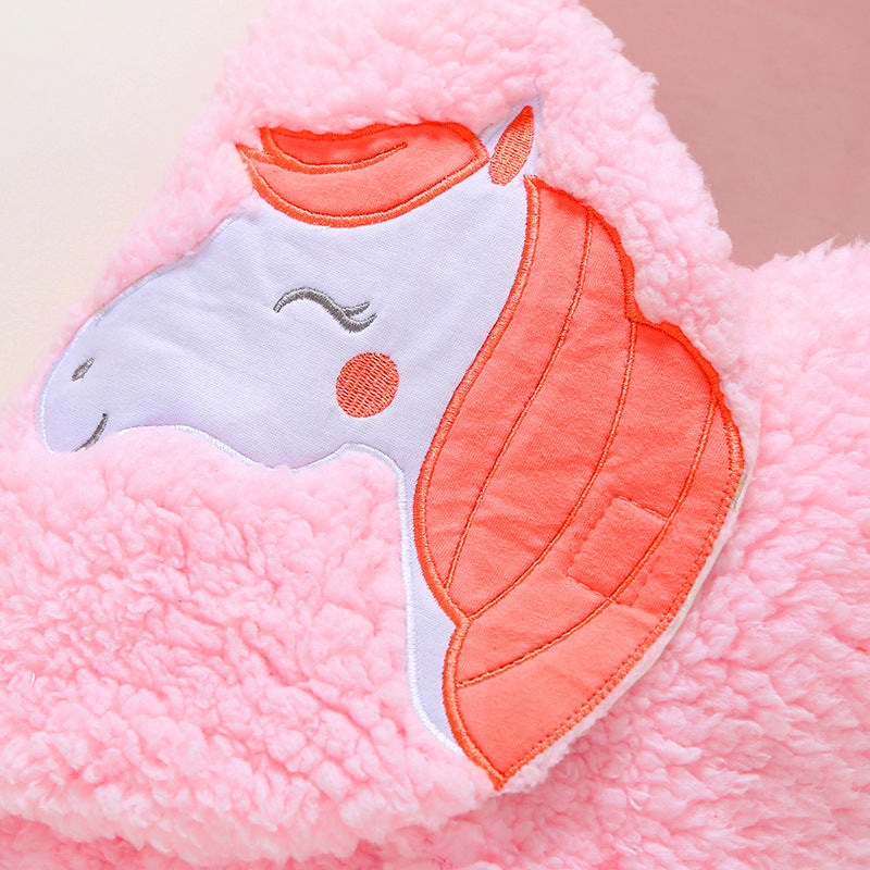 Infant Baby Soft Winter Style Plush Swaddle Cartoon Quilt Blanket And Feet Gown