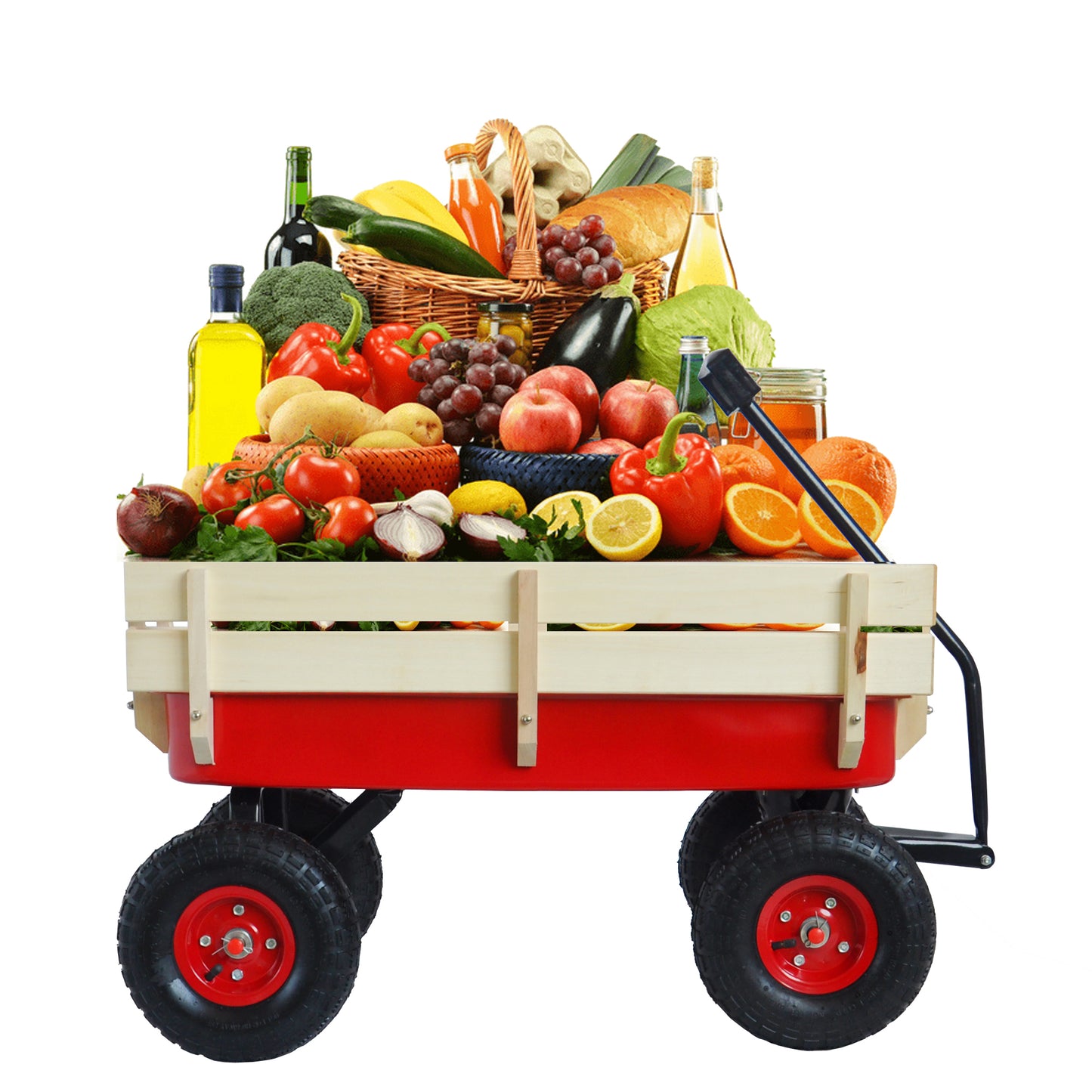 Outdoor Wagon All Terrain Pulling w/Wood Railing Air Tires Children Kid Garden(Red)