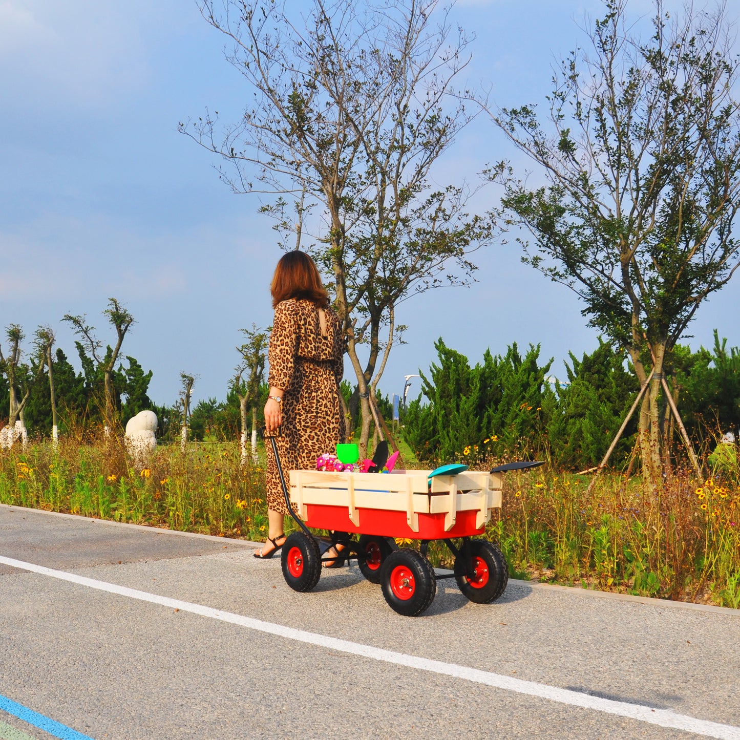 Outdoor Wagon All Terrain Pulling w/Wood Railing Air Tires Children Kid Garden(Red)