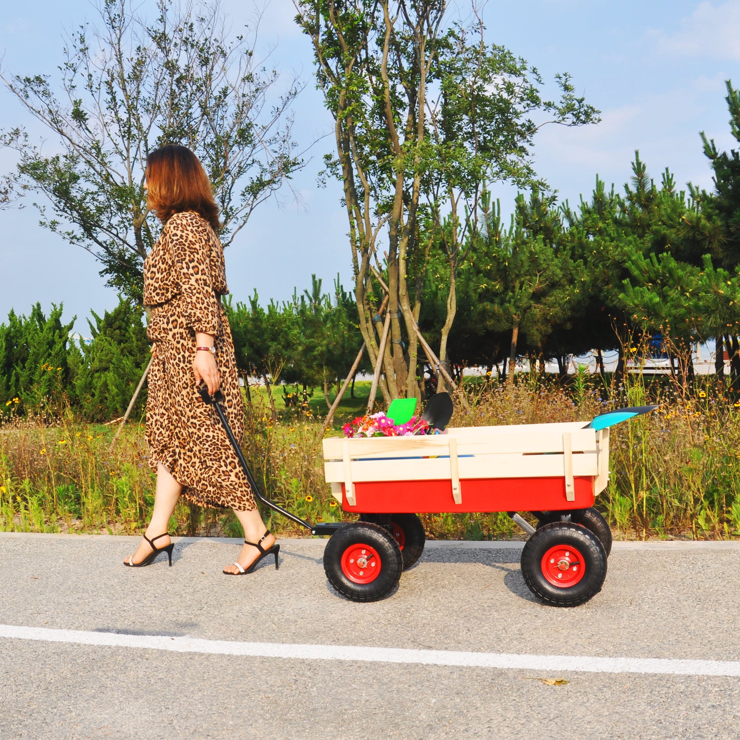 Outdoor Wagon All Terrain Pulling w/Wood Railing Air Tires Children Kid Garden(Red)