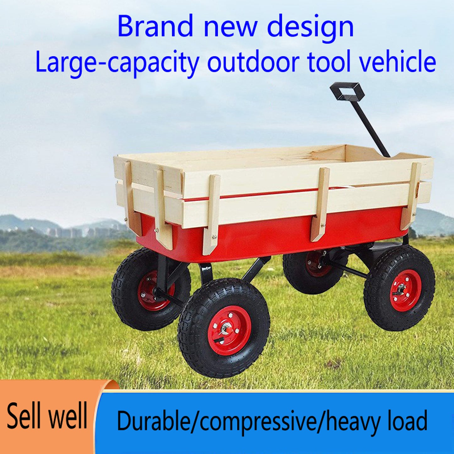 Outdoor Wagon All Terrain Pulling w/Wood Railing Air Tires Children Kid Garden(Red)