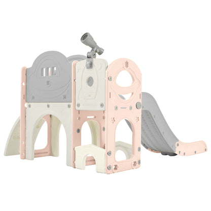 Kids Slide Playset Structure 7 in 1, Freestanding Spaceship Set with Slide, Arch Tunnel Pink+Grey + HDPE