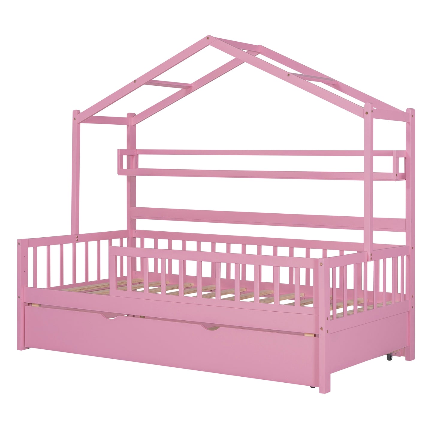 Wooden Twin Size House Bed with Trundle Kids Bed with Shelf Pink