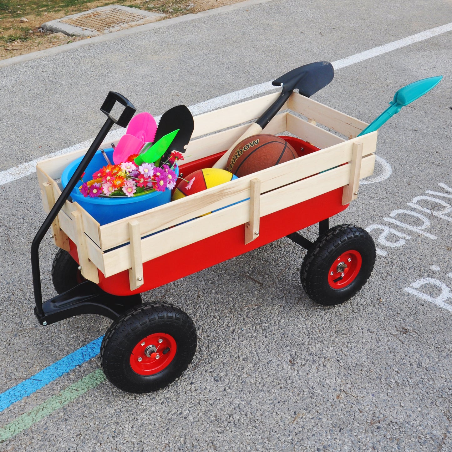 Outdoor Wagon All Terrain Pulling w/Wood Railing Air Tires Children Kid Garden（Red）