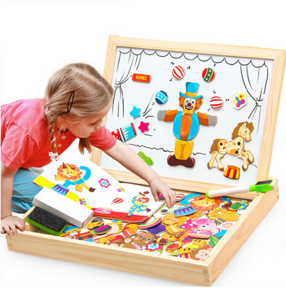 Wooden Magnetic Puzzle Toys Children 3D Puzzle Box Figure Animals Circus Writing Drawing Board Learning Education Toys For Kids