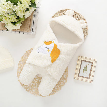 Infant Baby Soft  Winter Style Plush Swaddle Cartoon Quilt Blanket And Feet Gown