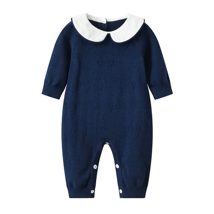 Babies' Knit Jumpsuit Bear Crocheted Dark Blue Cotton Wool Romper