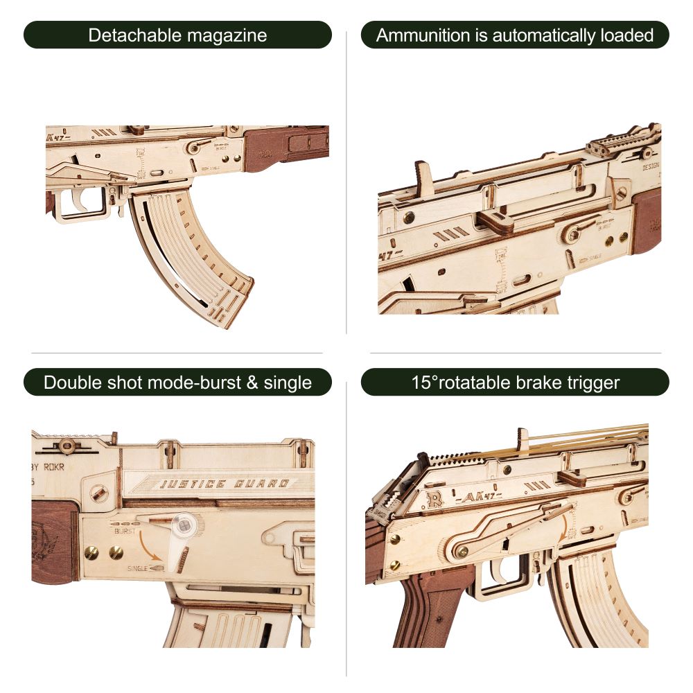 Robotime Rokr Automatic Rifle AK-47 3D Wooden Assembly Gun Double Firing Modes Funny DIY Toys For Kids Adults Justice Guar LQ901