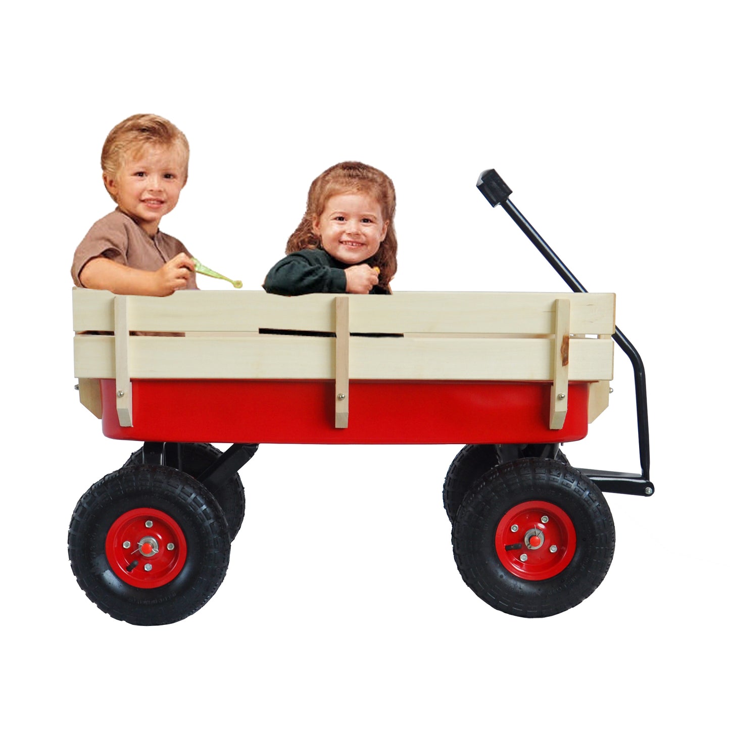 Outdoor Wagon All Terrain Pulling w/Wood Railing Air Tires Children Kid Garden（Red）