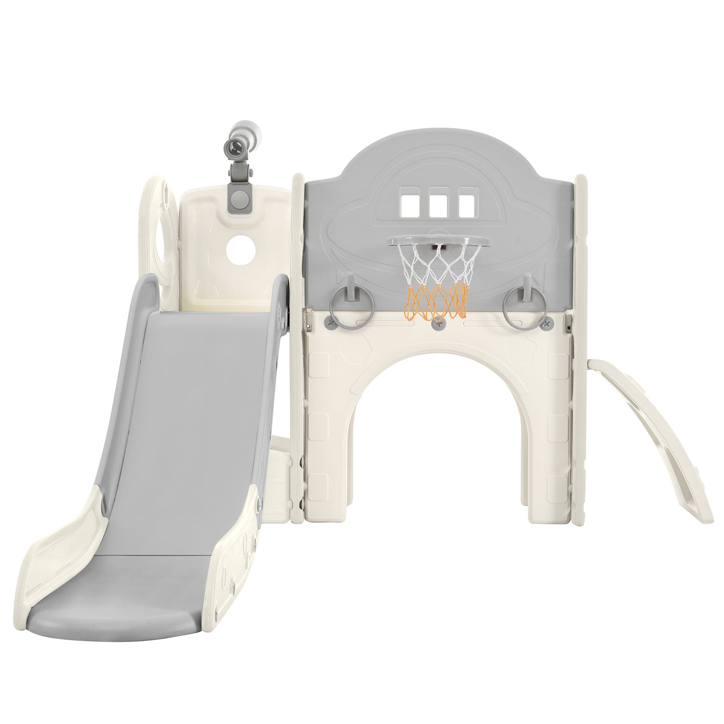 Kids Slide Playset Structure 7 in 1, Freestanding Spaceship Set with Slide, Arch Tunnel Grey+White + HDPE