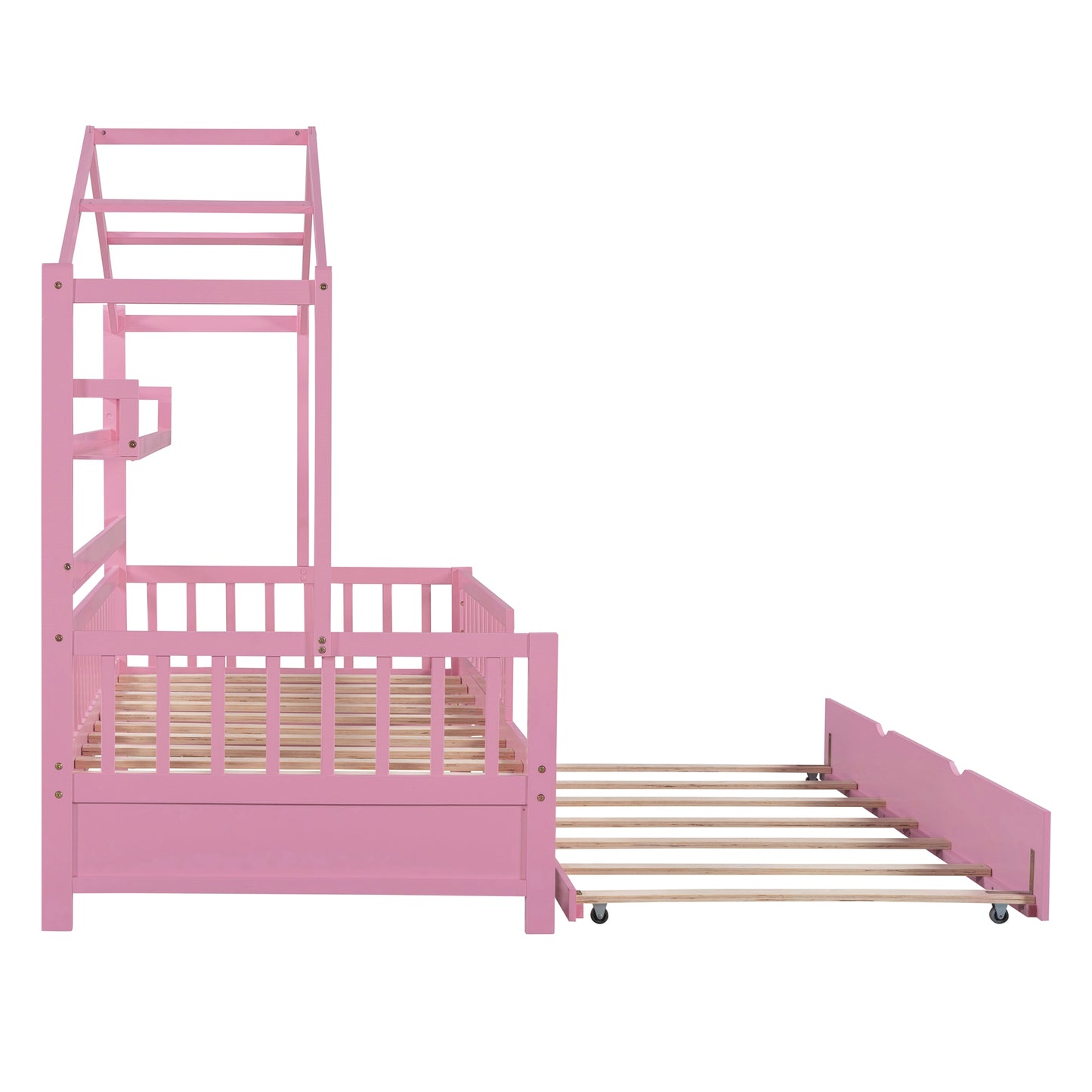 Wooden Twin Size House Bed with Trundle Kids Bed with Shelf Pink