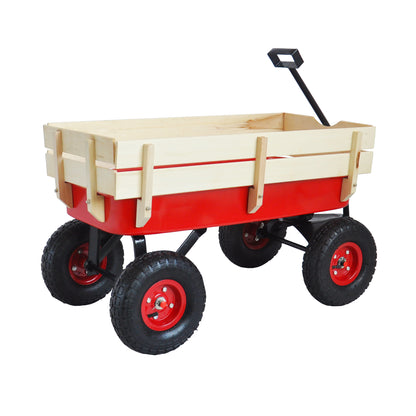 Outdoor Wagon All Terrain Pulling w/Wood Railing Air Tires Children Kid Garden（Red）