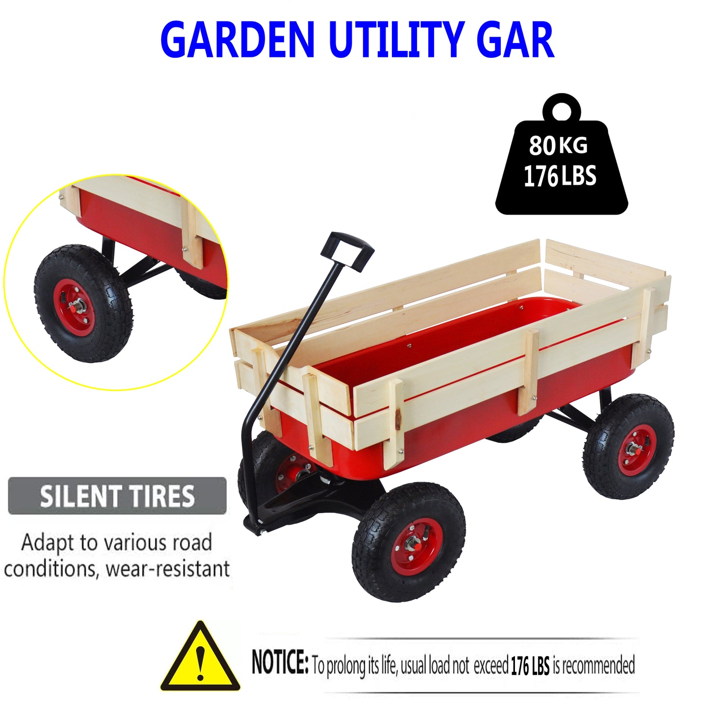 Outdoor Wagon All Terrain Pulling w/Wood Railing Air Tires Children Kid Garden（Red）