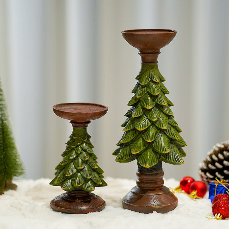 Resin Wooden Christmas Tree Candle Holder Base Figurine Christmas Decorations Candlestick Craft Home Living Room Decor