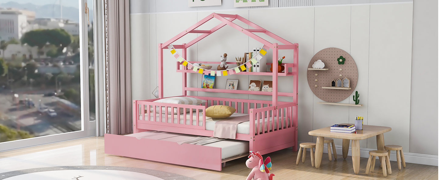 Wooden Twin Size House Bed with Trundle Kids Bed with Shelf Pink