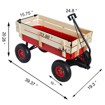 Outdoor Wagon All Terrain Pulling w/Wood Railing Air Tires Children Kid Garden（Red）