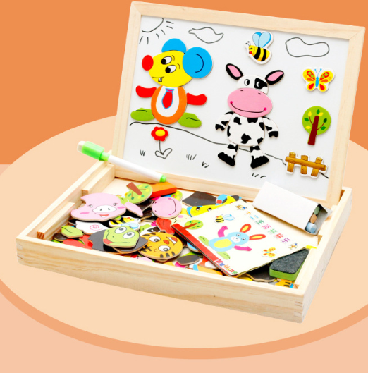 Wooden Magnetic Puzzle Toys Children 3D Puzzle Box Figure Animals Circus Writing Drawing Board Learning Education Toys For Kids