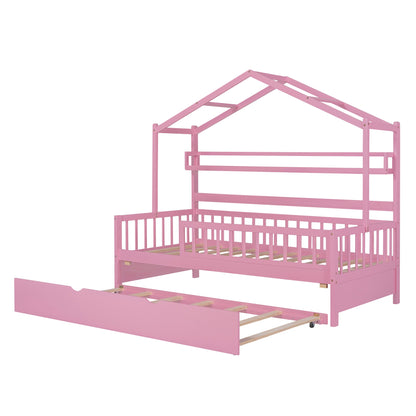 Wooden Twin Size House Bed with Trundle Kids Bed with Shelf Pink