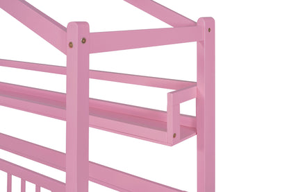 Wooden Twin Size House Bed with Trundle Kids Bed with Shelf Pink