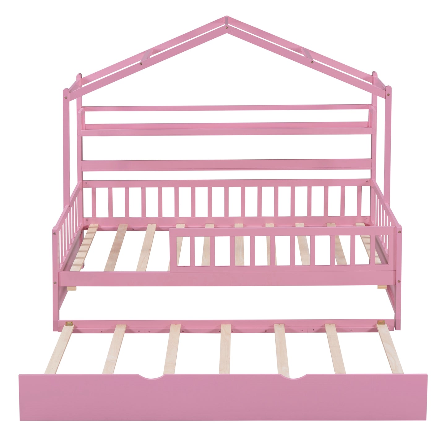 Wooden Twin Size House Bed with Trundle Kids Bed with Shelf Pink