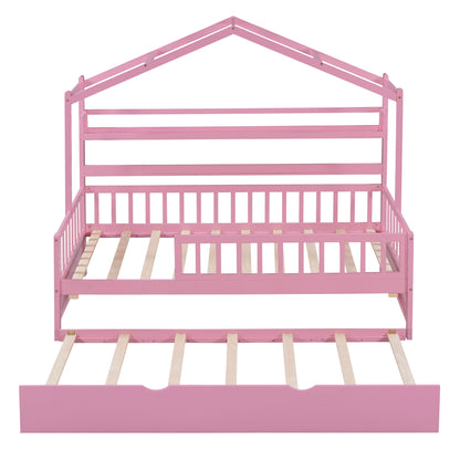 Wooden Twin Size House Bed with Trundle Kids Bed with Shelf Pink