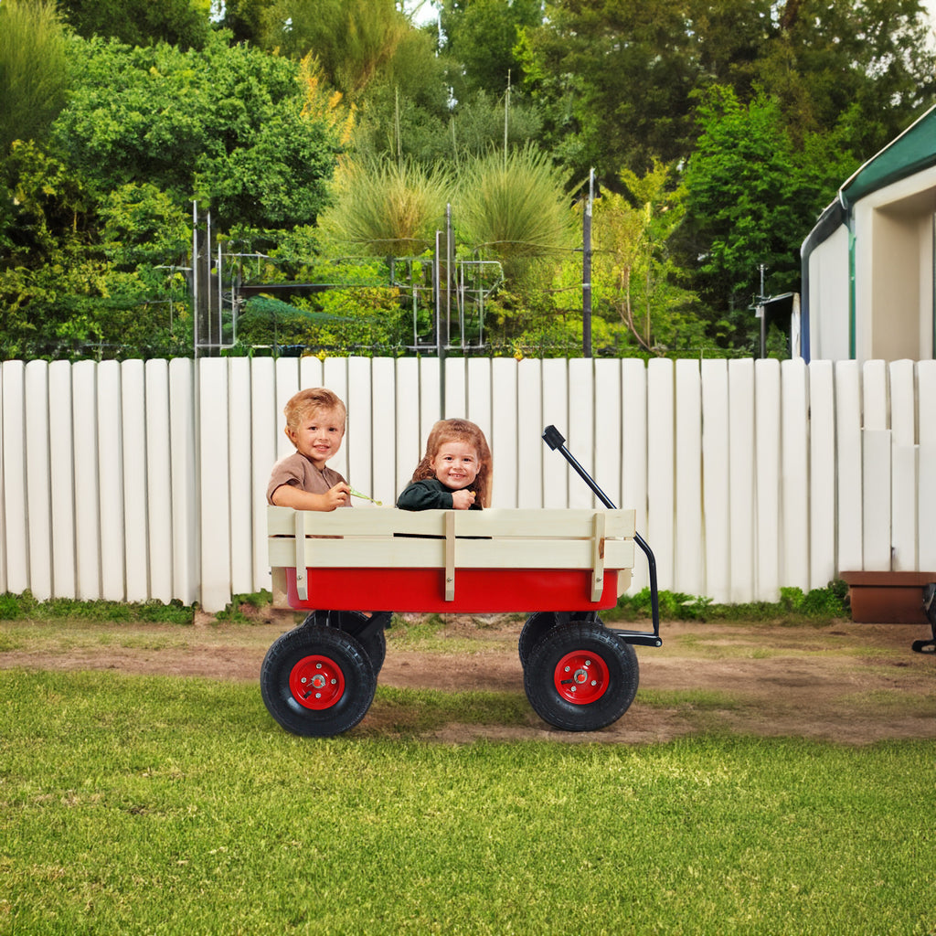 Outdoor Wagon All Terrain Pulling w/Wood Railing Air Tires Children Kid Garden（Red）