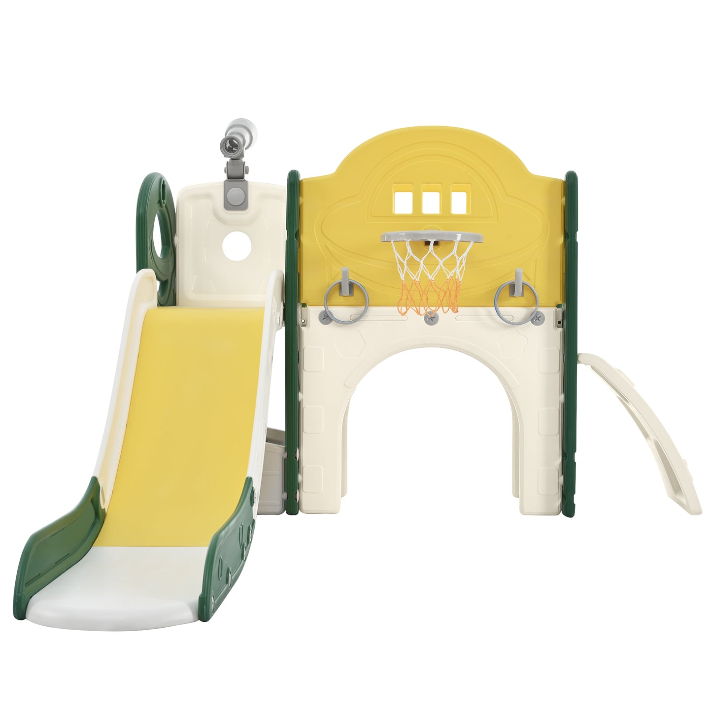 Kids Slide Playset Structure 7 in 1, Freestanding Spaceship Set with Slide, Arch Tunnel Yellow + HDPE