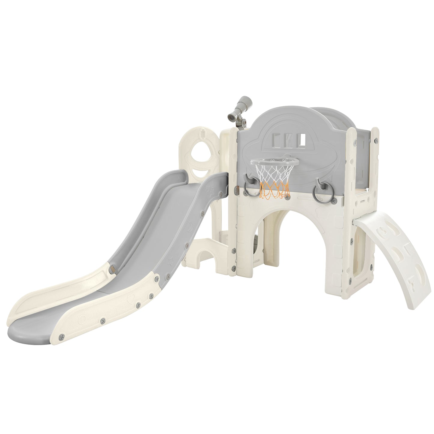 Kids Slide Playset Structure 7 in 1, Freestanding Spaceship Set with Slide, Arch Tunnel Grey+White + HDPE