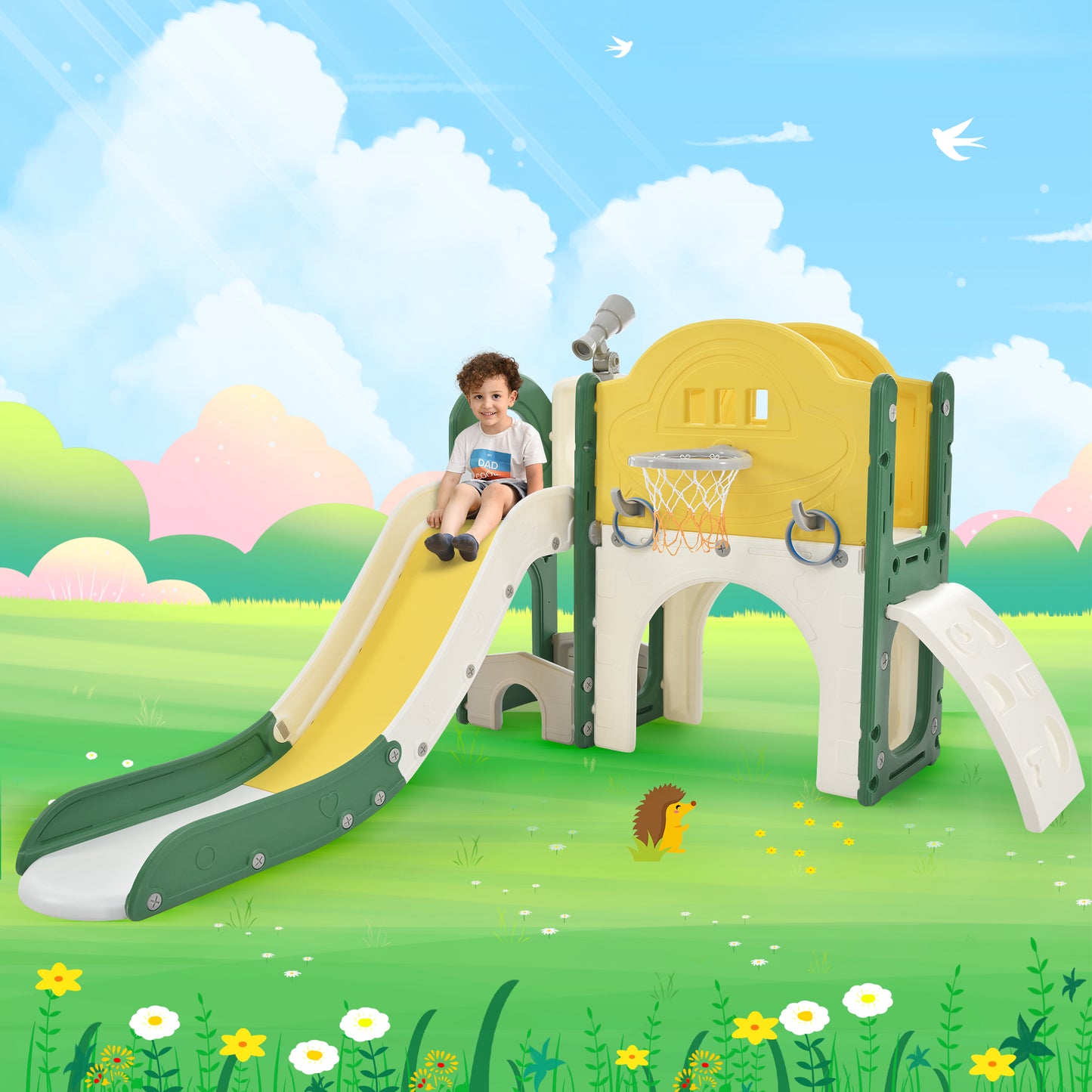 Kids Slide Playset Structure 7 in 1, Freestanding Spaceship Set with Slide, Arch Tunnel Yellow + HDPE