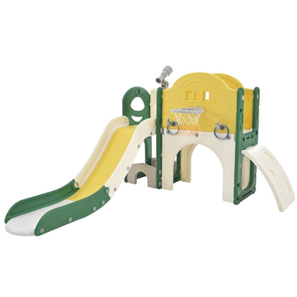 Kids Slide Playset Structure 7 in 1, Freestanding Spaceship Set with Slide, Arch Tunnel Yellow + HDPE