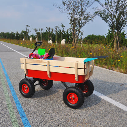 Outdoor Wagon All Terrain Pulling w/Wood Railing Air Tires Children Kid Garden（Red）