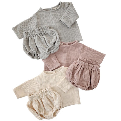 Newborn Neutral Male And Female Baby Thin Cotton Yarn Casual Long Sleeve Cardigan Shirt Shorts