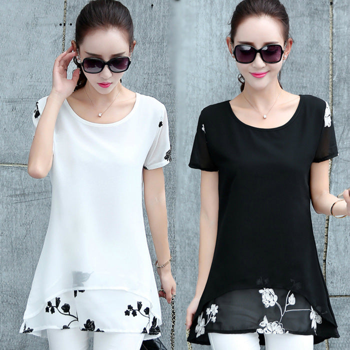 Summer Clothing New Short Sleeve Women's Clothing Embroidered Chiffon Shirt Plump Girls Plus Size Women