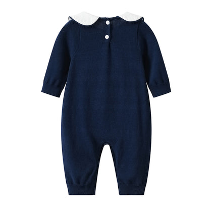 Babies' Knit Jumpsuit Bear Crocheted Dark Blue Cotton Wool Romper