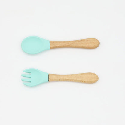 Baby Food Grade Wooden Handles Silicone Spoon Fork Cutlery-8