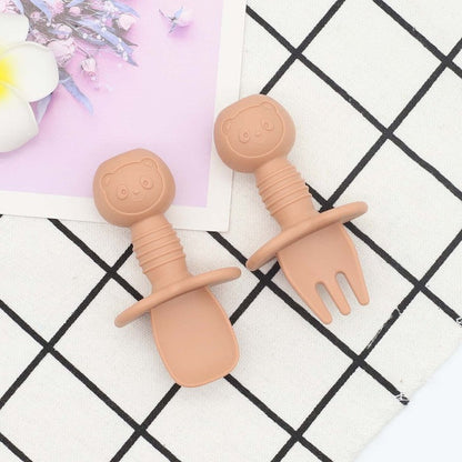 Baby Bear Pattern Complementary Food Training Lovely Silicone Spoon Fork Sets-3